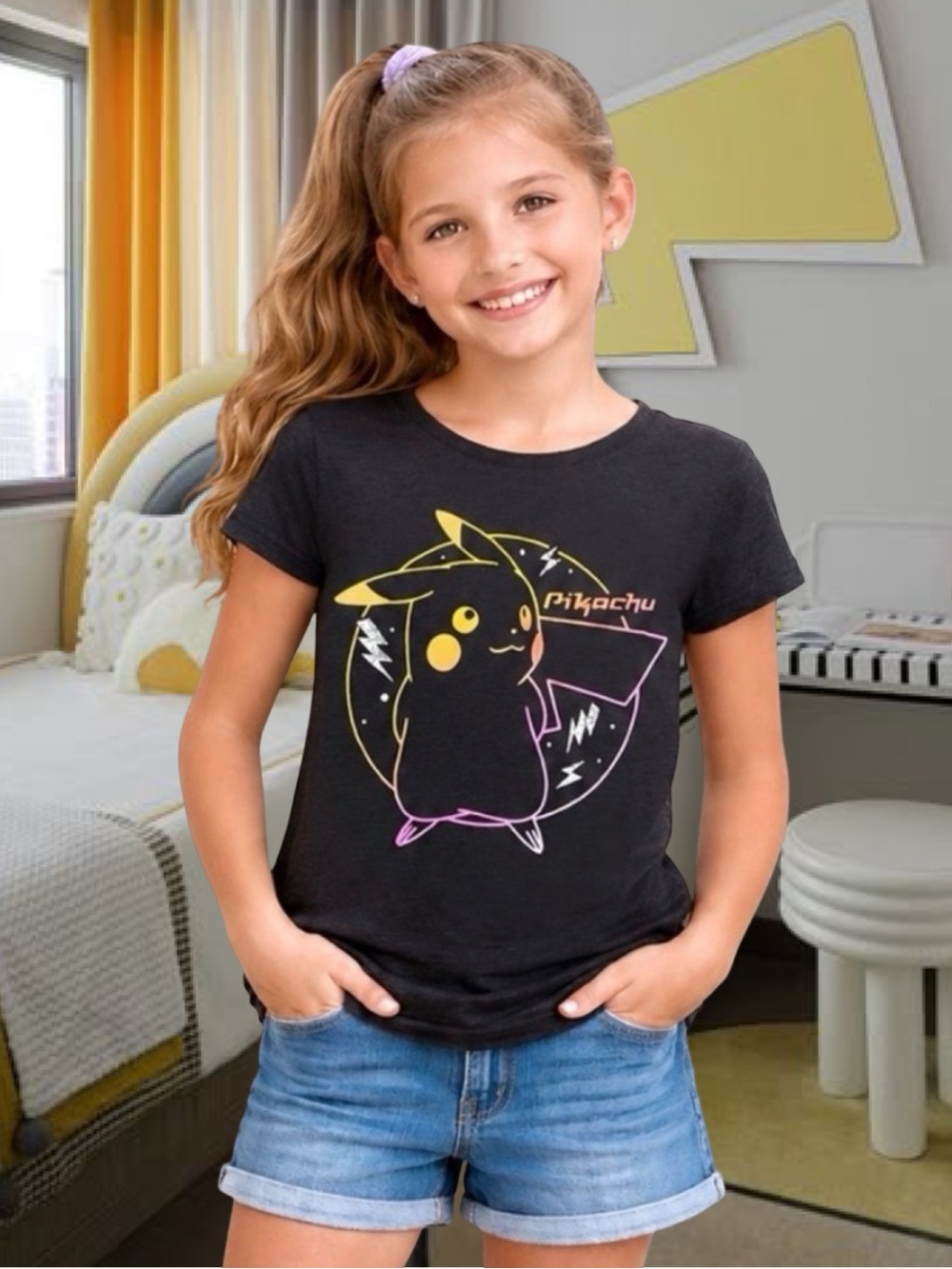 Girls POKEMON Pikachu Graphic T-Shirt Size Large 10-12 Gamer Tee Girls